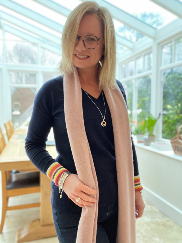 pink scarf with navy jumper | 50 and Fabulous
