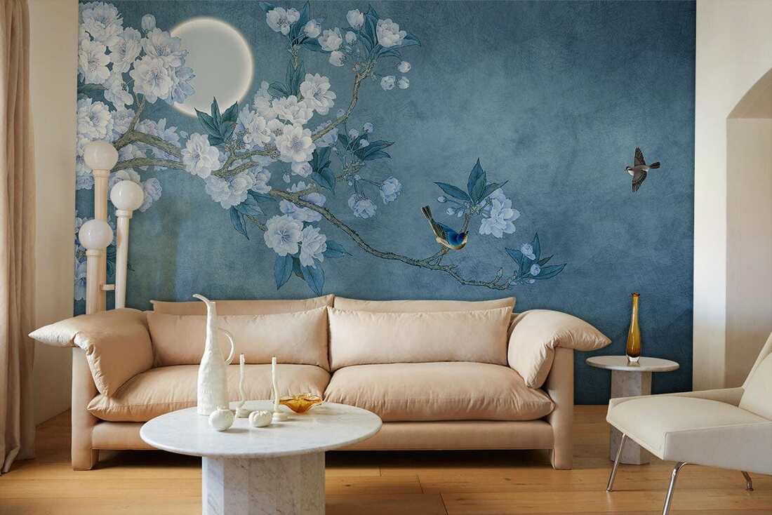 Living Room with blue floral Wall Mural from Ever Wallpaper